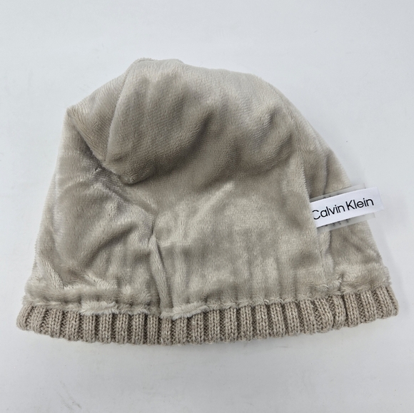 CALVIN KLEIN TAN & CREAM FLEECE LINED BEANIE HAT ACCESSORY FOLDED BRIM WOMEN OS - Picture 9 of 12